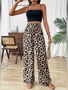Wide-Leg Leopard Print Pants - Black/Tan - Multiple Sizes